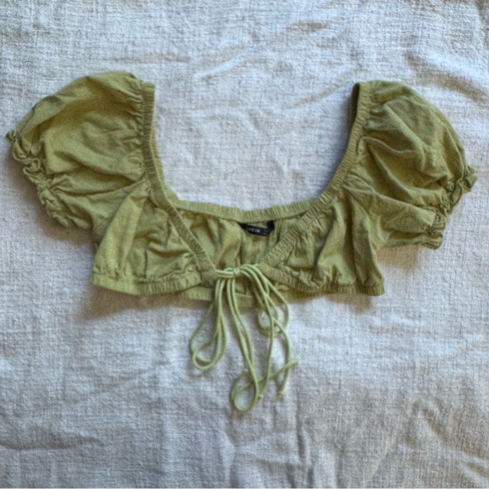 SHEIN Olive Green Puff Sleeve Tie-Front Crop Top